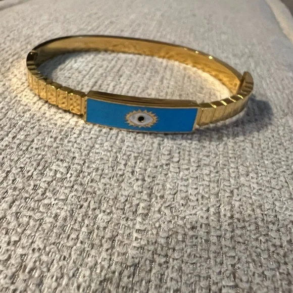 Gold and Blue Evil Eye Bangle Bracelet - Picture 1 of 1